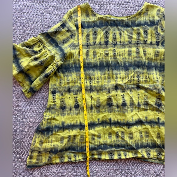 Bryn Walker Oversized Large 100% Linen Top Chartreuse Black Tie Dye Bell Sleeves - Picture 3 of 7
